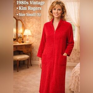 Vintage 1980s Kim Rogers Red Fleece Zip Robe Small Long